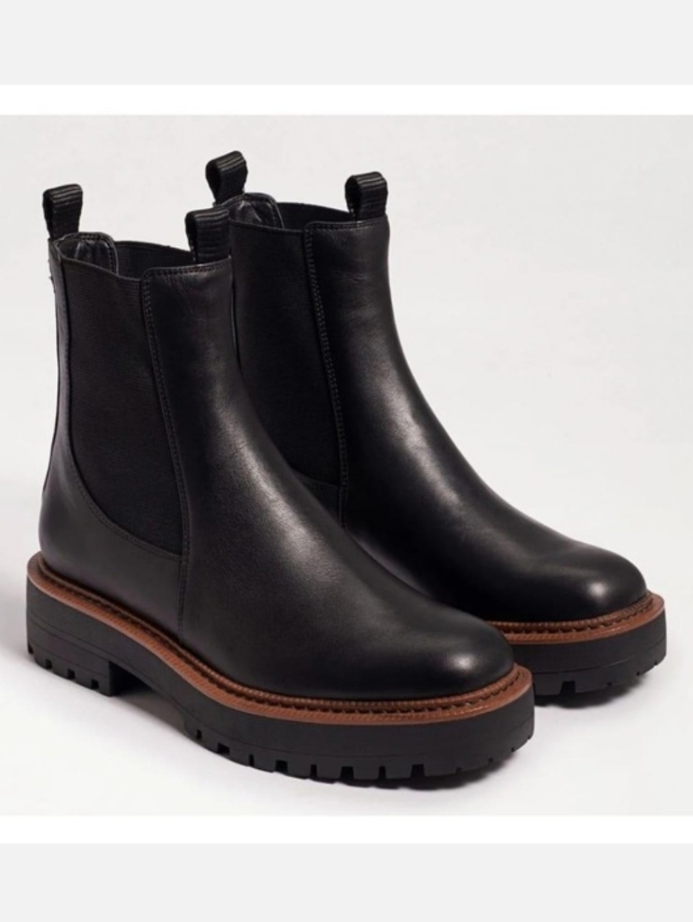 Sam Edelman Black Leather Chelsea Lug Sole Ankle Boots with Brown Welt